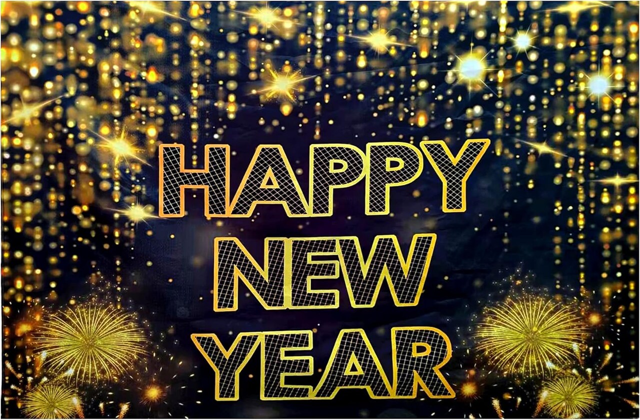 4E’s Novelty Happy New Year Banner 72” x 44” – Large Fabric New Year’s Eve Backdrop with Hanging Cord, Black & Gold Indoor Outdoor Party Decoration